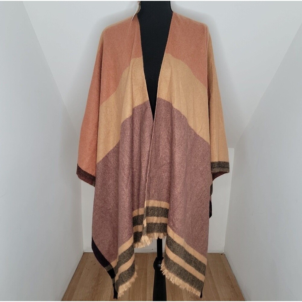 Natura Spain Poncho Suave Rayas Striped Ruana Wrap Cape Orange Boho NWT 137120